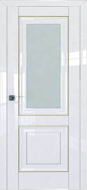 Белая дверь с золотым молдингом и стеклом.