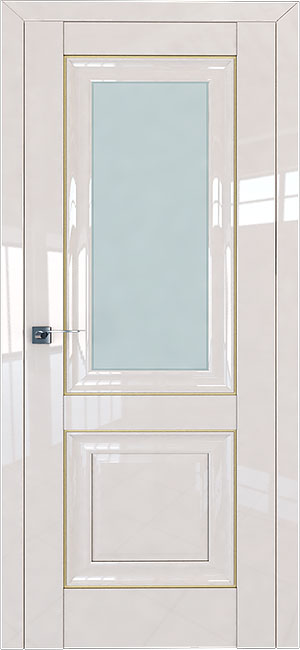 Дверь в цвете магнолия со стеклом и золотым молдингом 28L