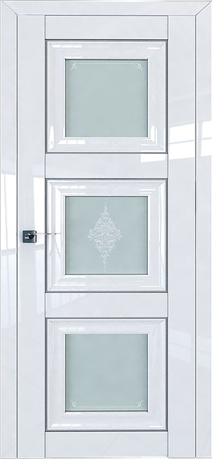 Белый глянец дверь с матовыми стеклами и молдингом серебро