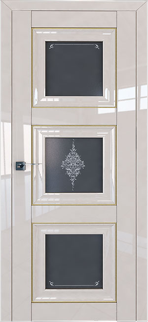 Глянцевая дверь со стеклом Кристалл и молдингами золото