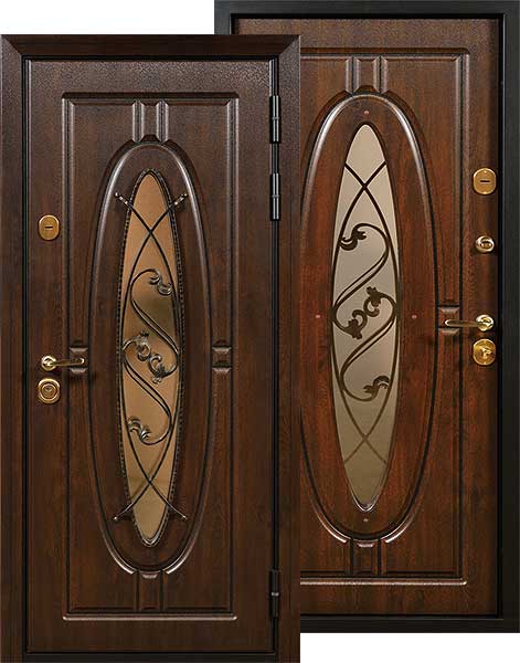 Металлическая дверь с ковкой и овальным стеклопакетом Монарх